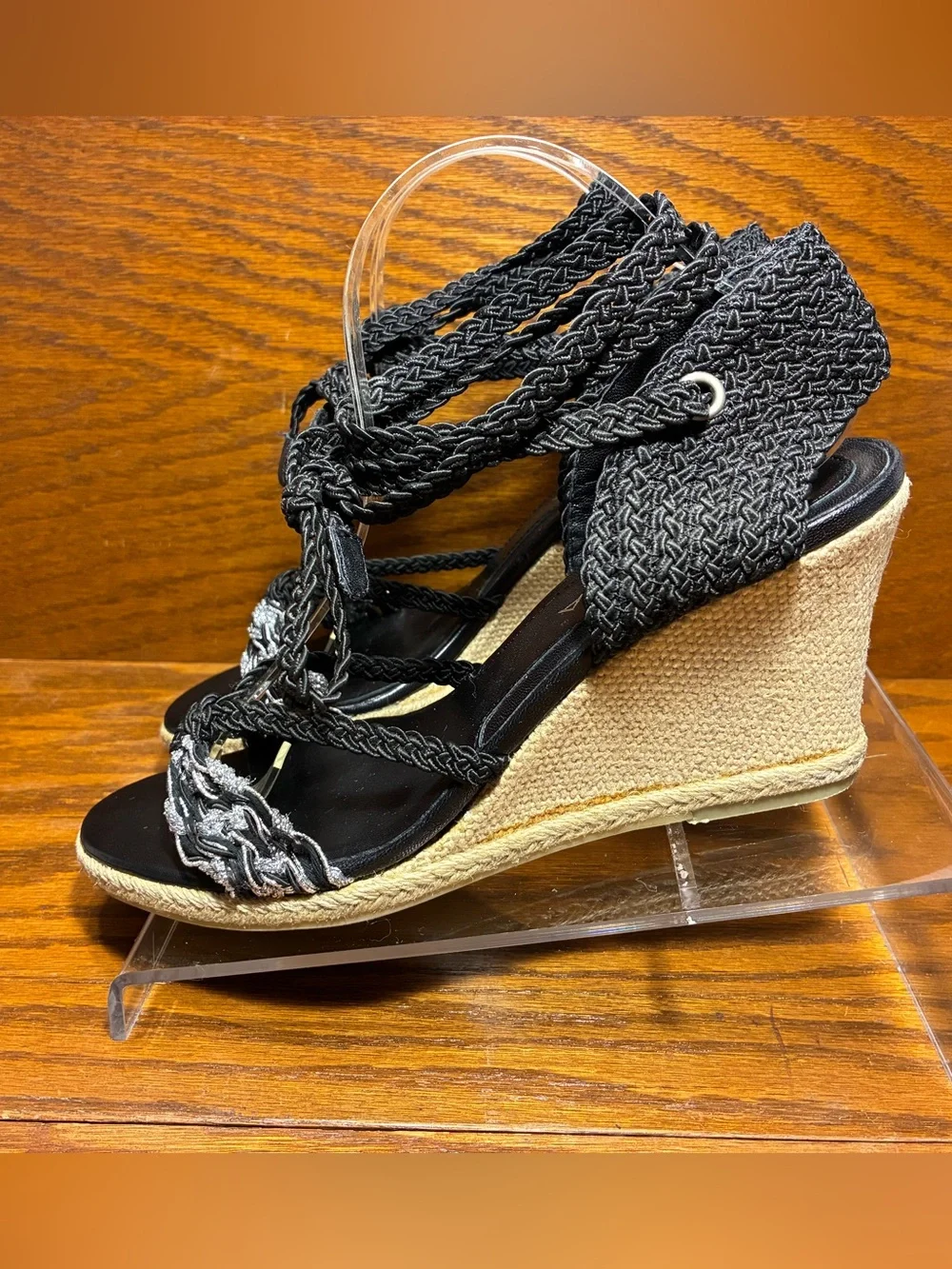 Via Spiga Braided Lace Up Espadrille Wedge Sandals Black Silver Size 10